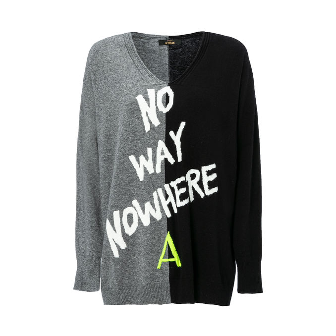 BICOLOR V-NECK PULLOVER WITH WRITING Woman Grigio Medio