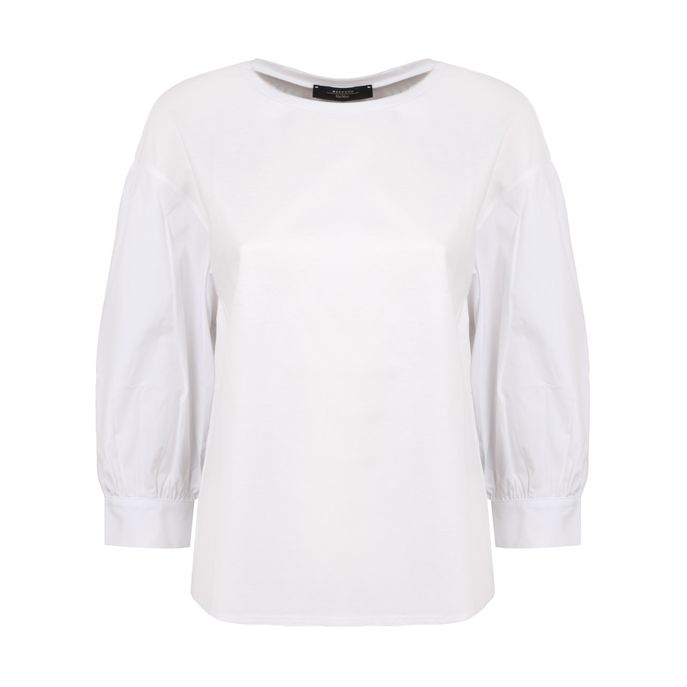 BOAT NECK T-SHIRT WITH POPELINE SLEEVES Woman White