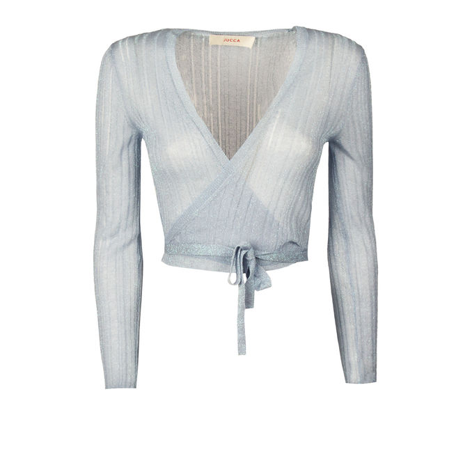 CARDIGAN SHORT CROSS Woman Light Blue Lurex