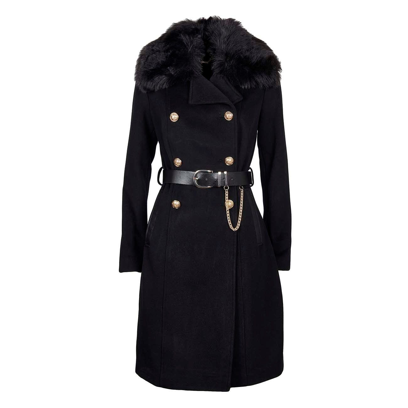 GUESS DOUBLE BREASTED COAT COLLAR AND BELT Woman Nero | Mascheroni Sportswear