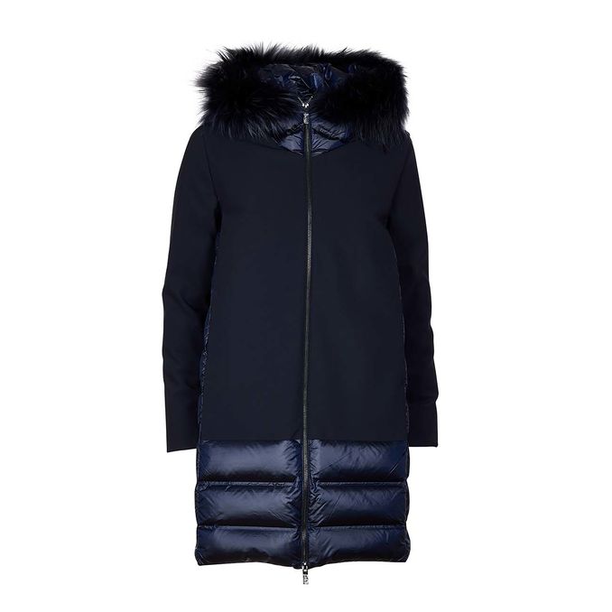 DOWN JACKET COAT WITH HOOD AND FUR IN NYLON Woman Blue Black