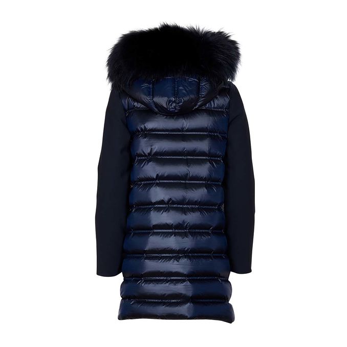 DOWN JACKET COAT WITH HOOD AND FUR IN NYLON Woman Blue Black