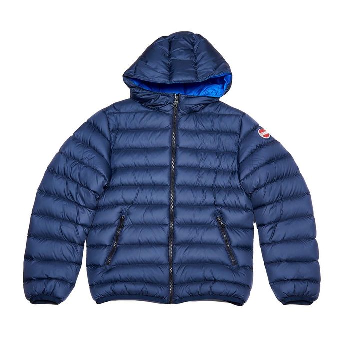 DOWN JACKET WITH HOOD AND CONTRAST INTERIOR Kid Blue