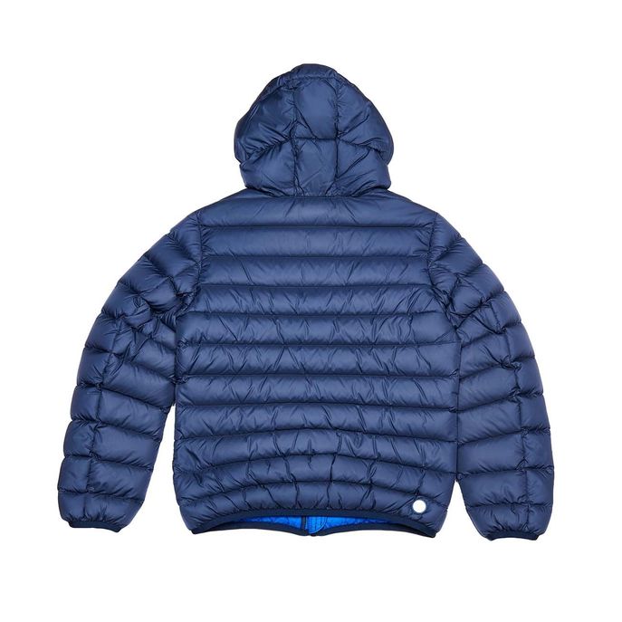 DOWN JACKET WITH HOOD AND CONTRAST INTERIOR Kid Blue