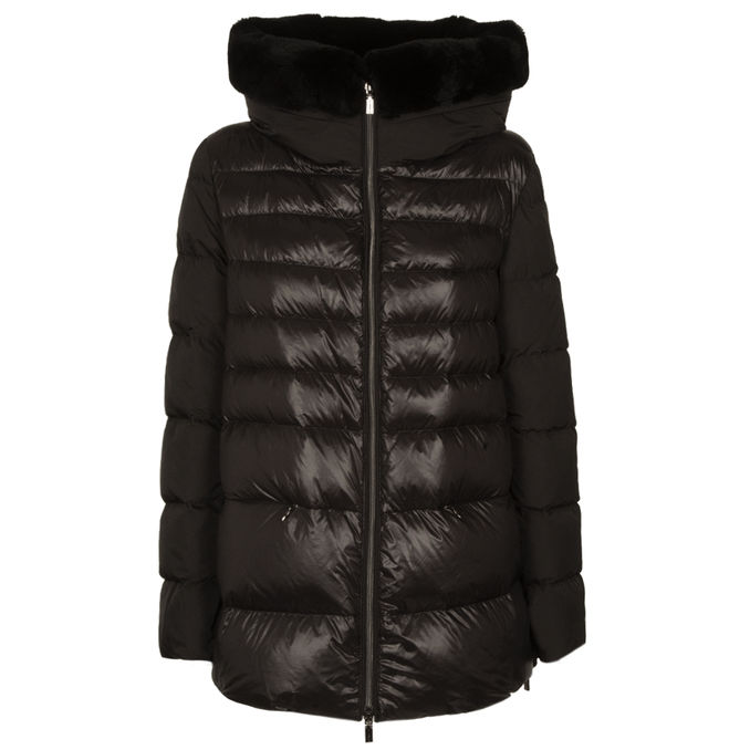 DOWN JACKET WITH HOOD IN FUR Woman Black 2000687641624