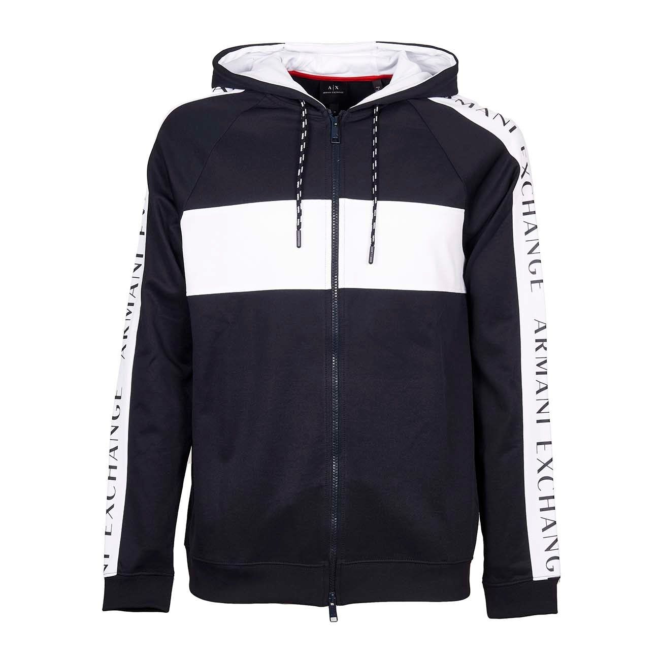 ARMANI EXCHANGE FULL ZIP BICOLOR HOODIE WITH LOGO BANDS Man Navy White |  Mascheroni Sportswear