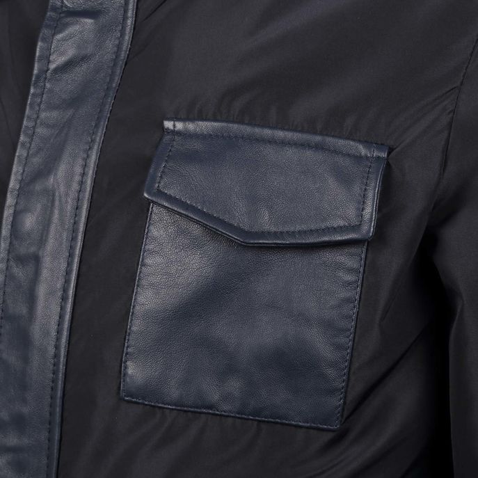 FULLZIP NYLON JACKET WITH LEATHER DETAILS Man Navy