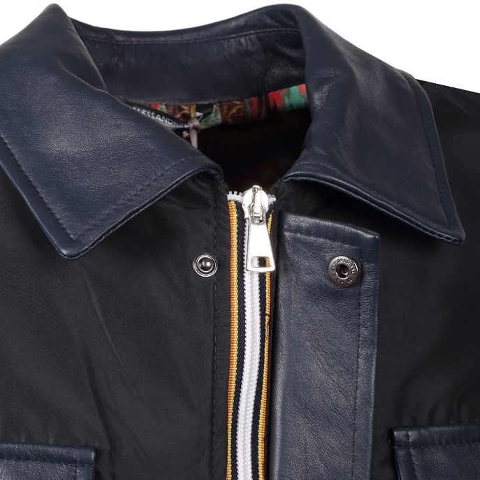 FULLZIP NYLON JACKET WITH LEATHER DETAILS Man Navy
