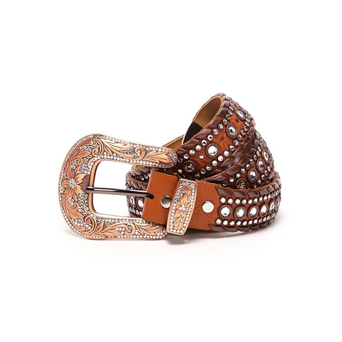HIGH BELT WITH SWAROVSKY AND STUDS BIG DECORATED BUCKLE Woman Brown Silver
