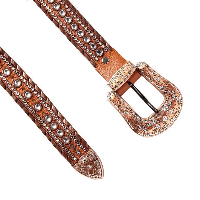 HIGH BELT WITH SWAROVSKY AND STUDS BIG DECORATED BUCKLE Woman Brown Silver