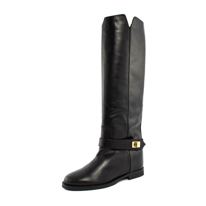 HIGH LEG LEATHER BOOTS GOLD BUCKLE Woman Black