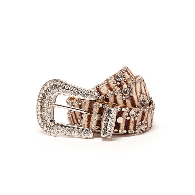 HIGH ZEBRA BELT WITH SWAROVSKY AND FULL BUCKLE Woman Brown White Silver