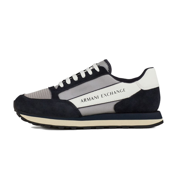 ARMANI EXCHANGE LEATHER SNEAKER WITH CONTRASTING INSERTS Man Navy Grey  White | Mascheroni Store