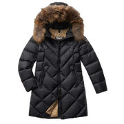 LONG DOWN JACKET WITH HOOD WITH FUR Woman Black Biscuit LONG DOWN JACKET WITH HOOD WITH FUR Woman Black Biscuit