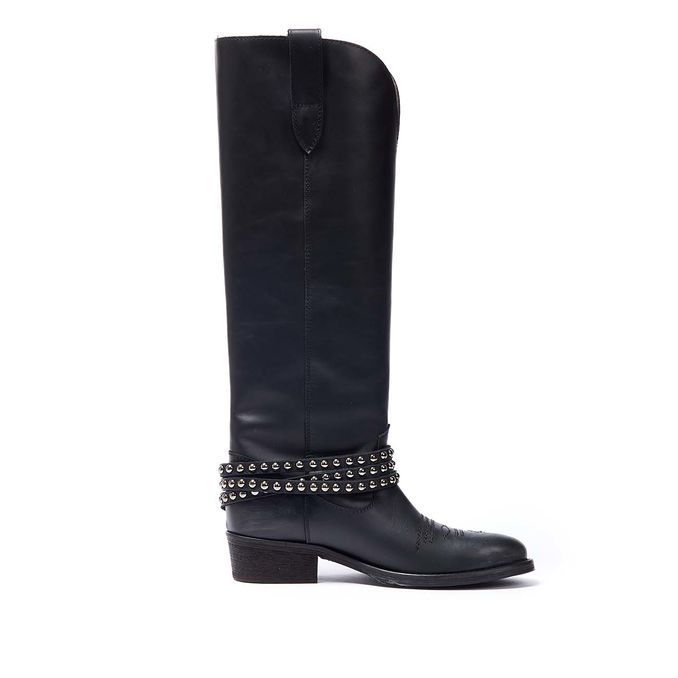 MALIBU HIGH LEG BOOTS WITH STUDDED STRAP Woman Black