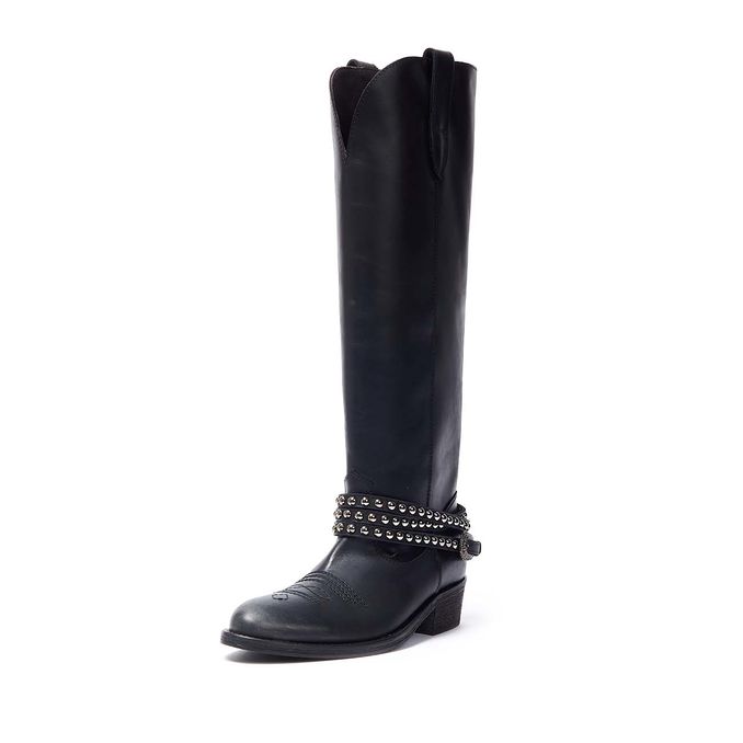 MALIBU HIGH LEG BOOTS WITH STUDDED STRAP Woman Black
