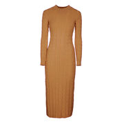MAXI DRESS WITH BRAID AND RIBBON LINING ON POLOS Woman Hazelnut MAXI DRESS WITH BRAID AND RIBBON LINING ON POLOS Woman Hazelnut