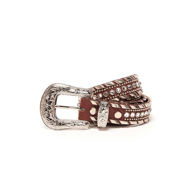 MEDIUM SWAROVSKY BELT AND STUDS WITH DECORATED BUCKLE Woman Brown Silver