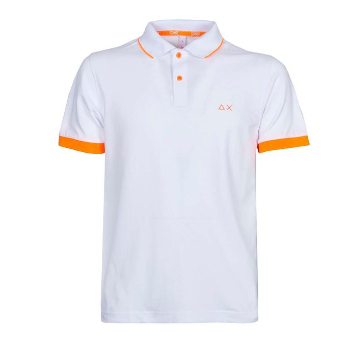 POLO SHIRT WITH SMALL AND BIG FLUO STRIPES Man White Fluo orange