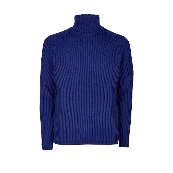 RIBBED TURTLENECK IN WOOL Man Blue Print