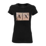 ROUND NECK T-SHIRT WITH PAILLETTES LOGO Woman Black Gold ROUND NECK T-SHIRT WITH PAILLETTES LOGO Woman Black Gold