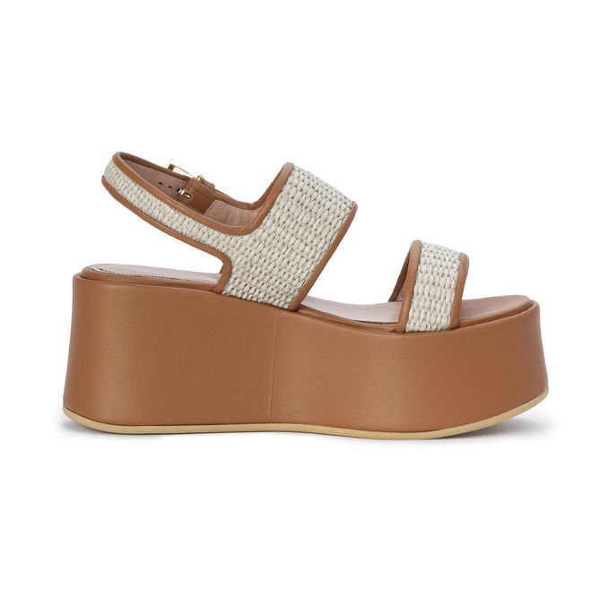 SANDAL WITH WEDGE IN RAFFIA AND LEATHER Woman Cuoio