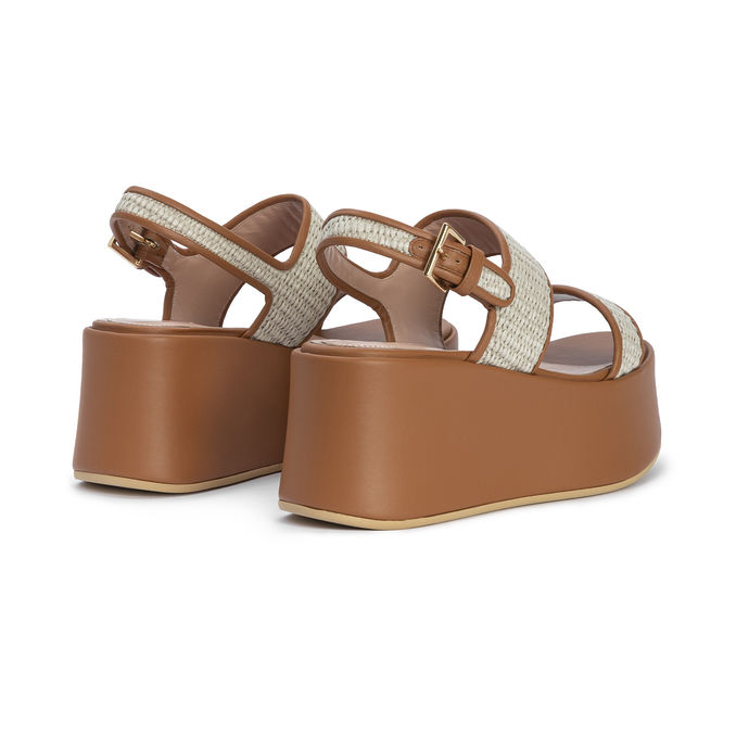 SANDAL WITH WEDGE IN RAFFIA AND LEATHER Woman Cuoio