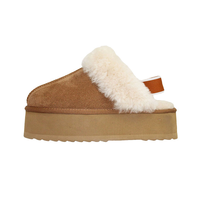 SHEEPSKIN PLATFORM SLIPPERS WITH ELASTIC Woman Camel