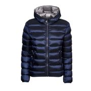 SHORT HOODED DOWN JACKET WITH CONTRAST INTERIOR Woman Blue SHORT HOODED DOWN JACKET WITH CONTRAST INTERIOR Woman Blue