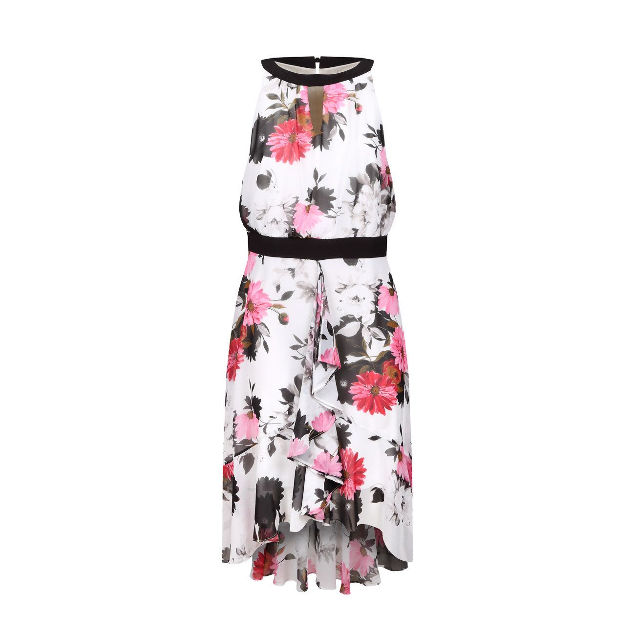 SLEEVELESS DRESS WITH VOULANT AND FLOWER PRINT Woman White Black Pink  2119265830081
