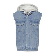 SLEEVELESS TRUCKER JACKET WITH HOOD Woman Denim Light SLEEVELESS TRUCKER JACKET WITH HOOD Woman Denim Light