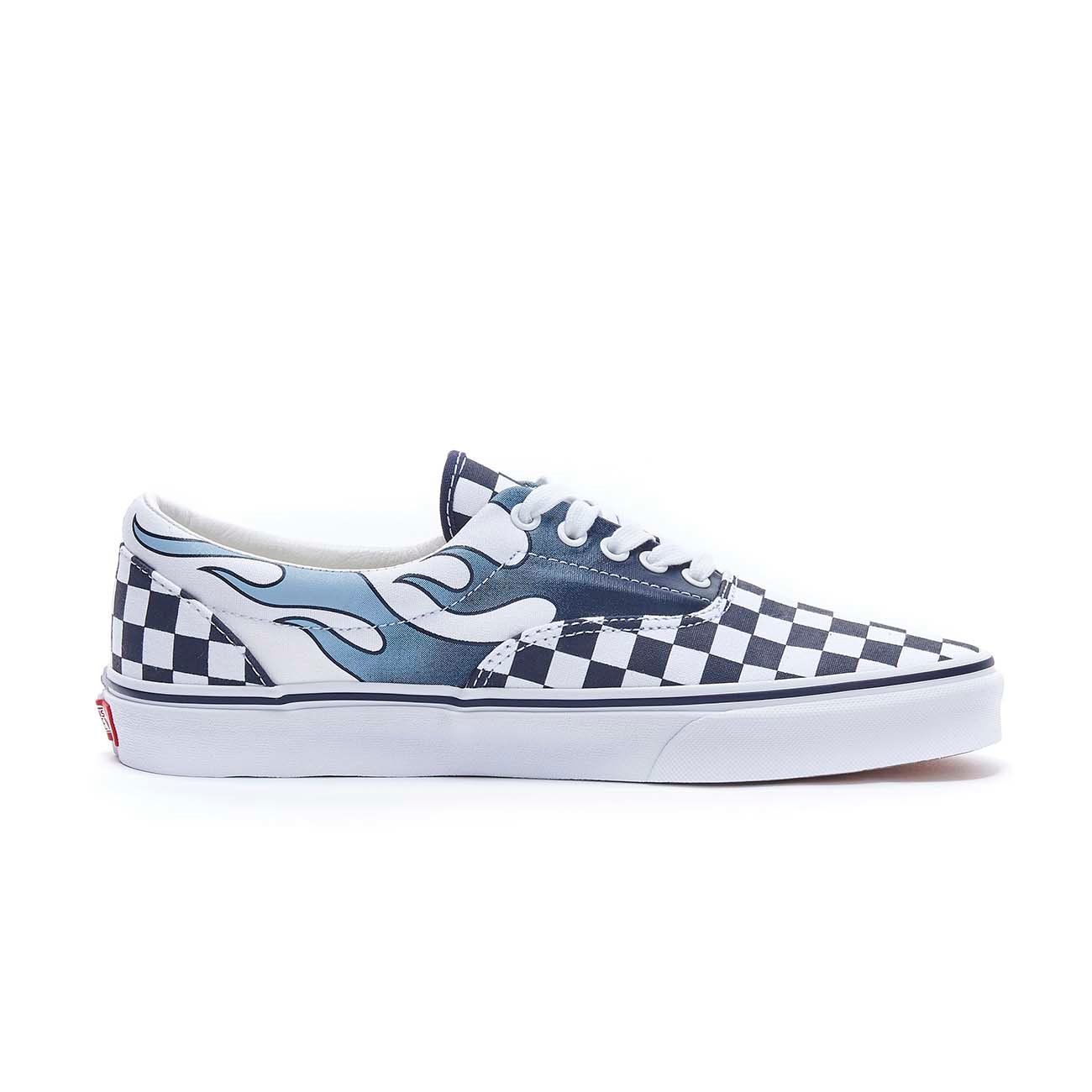 blue checkerboard vans with flames