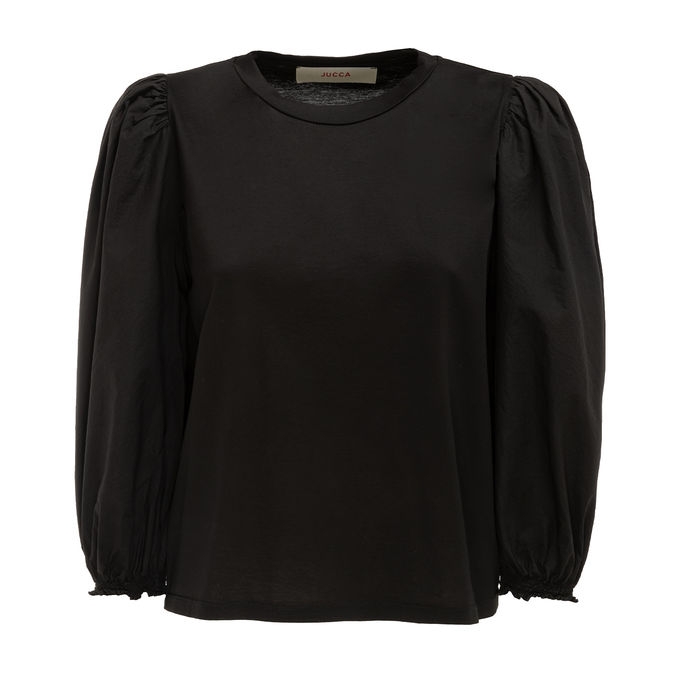 T-SHIRT JERSEY 3/4 POPELINE SLEEVES Woman Black