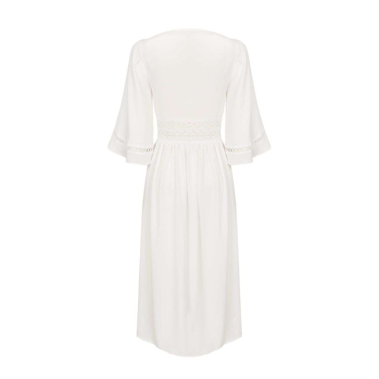 white dress with tassels on sleeves