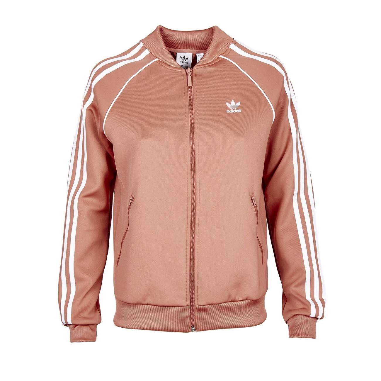 pink adidas jacket with white stripes