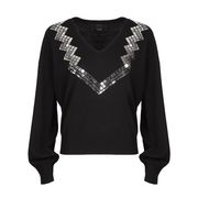 V NECK JUMPER WITH MIRRORS Woman Black V NECK JUMPER WITH MIRRORS Woman Black